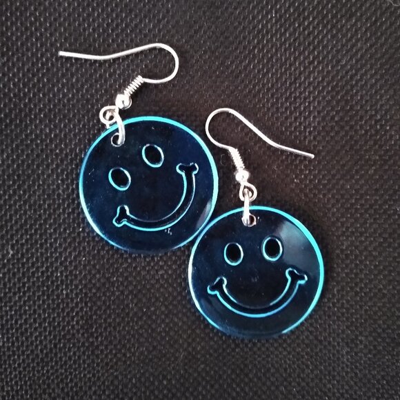 Shiny Blue Smiley Face Earrings - Picture 1 of 2